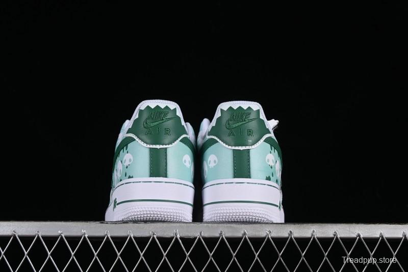 Nike Air Force 1 '07 Low Witch Collaboration Custom Leather Sneakers with Skull and Gradient White-Green Design - CW2288-111