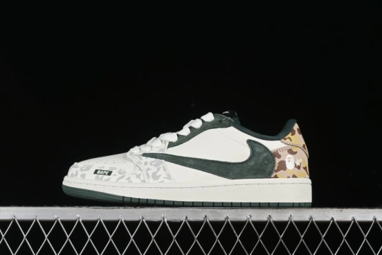Nike Travis Scott x Fragment Design x Air Jordan 1 Low OG SP AJ1 Bape Collaboration - Camo Green Low Top Casual Sneakers - JH6088-614