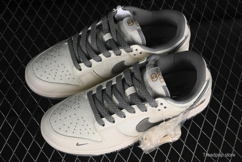 Nike SB Dunk Low Gucci Collaboration Anniversary High-End Custom Sneakers in Off-White & Dark Gray Swoosh - DQ1098-383