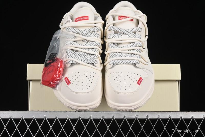 Nike Air Jordan 1 Low Supreme Collaboration - Retro Basketball Shoes in Off-White Red with Small Logo - SJ9950-017