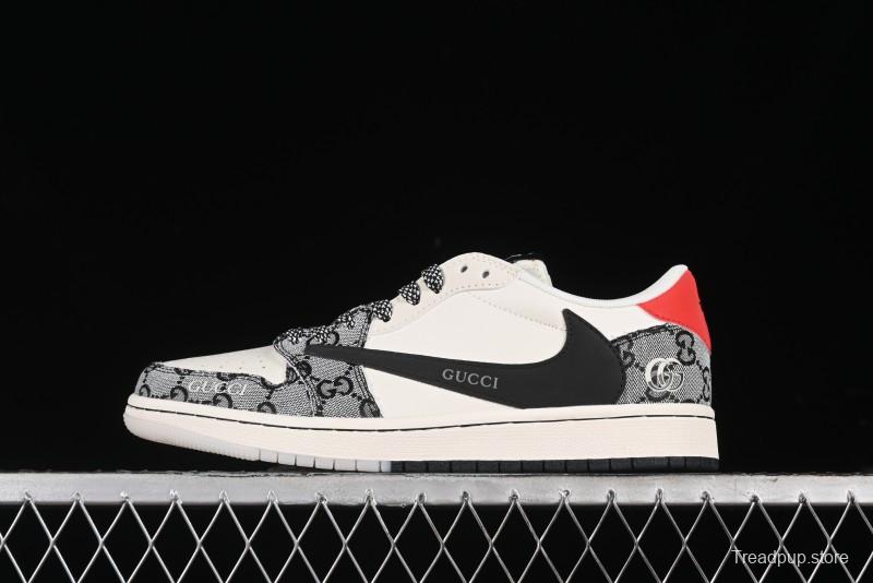 Nike Travis Scott x Fragment Design x Air Jordan 1 Low OG SP AJ1 Gucci Collaboration - Black Grey Pattern Low Top Casual Sneakers - XY2688-117