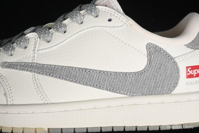 Nike Travis Scott x Fragment Design x Air Jordan 1 Low OG SP AJ1 Supreme Collaboration - Light Grey Denim Two-Tone Low-Top Casual Sneakers - JH6088-705