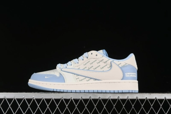 Nike Travis Scott x Fragment Design x Air Jordan 1 Low OG SP AJ1 Supreme Collaboration - White Blue Lettering Low Top Casual Sneakers - XY2688-116