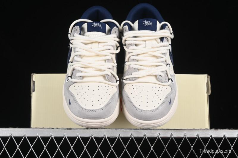 Nike SB Dunk Low Stussy Collaboration - Lace-Up Off White Navy Swoosh Anniversary High-End Custom Low-Top Casual Sneakers - SJ2068-308