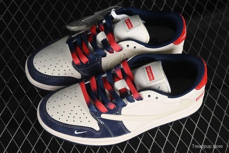 Nike Travis Scott x Fragment Design x Air Jordan 1 Low OG SP AJ1 Supreme Collaboration - Deep Blue Red Culture Casual Sneakers - XY2688-122