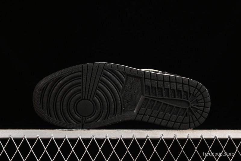 Nike Air Jordan 1 Low OG SP Travis Scott x Fragment Design Black Denim Print Casual Sneakers - SJ2068-005