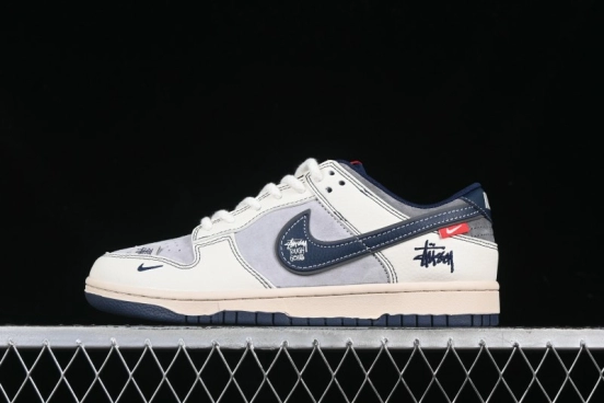 Nike SB Dunk Low Stussy Collaboration Signature Navy Swoosh Anniversary Custom Low-Top Casual Skate Shoes - DM6868-034