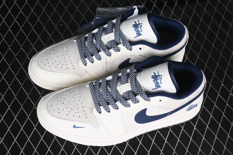 Nike Air Jordan 1 Low Stussy Collaboration - Light Grey Blue Hook Retro Basketball Shoes - SJ9950-046