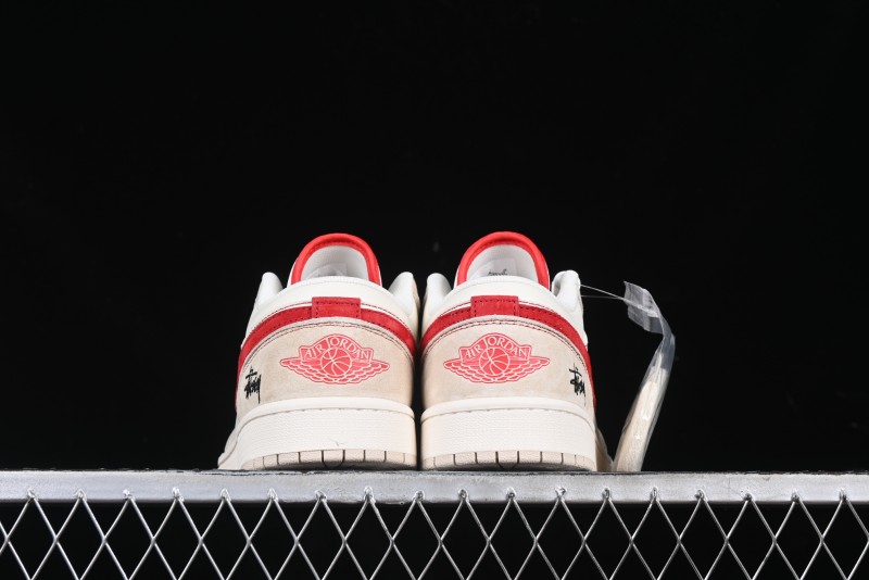 Nike Air Jordan 1 Low Stussy Collaboration Khaki Red Hook Retro Basketball Shoes - SJ9950-040