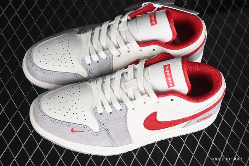 Nike Air Jordan 1 Low AJ1 Supreme Collaboration - White Grey Red Swoosh Retro Basketball Shoes - SJ9950-024