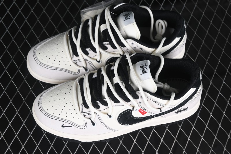 Nike SB Dunk Low Stussy Collaboration Anniversary Edition Lace-Up Beige Grey Black Swoosh Low-Top Casual Skate Shoes - YX5066-242