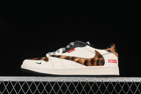 Nike Travis Scott x Fragment Design x Air Jordan 1 Low OG SP AJ1 Supreme Collaboration Leopard Print Low-Top Casual Sneakers - JJ2508-555