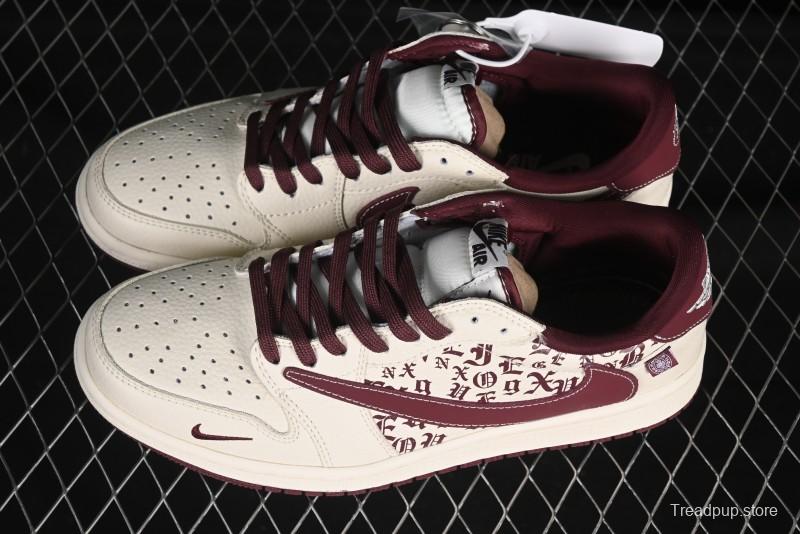 Nike Travis Scott x Fragment Design x Air Jordan 1 Low OG SP AJ1 Cross Hoodie Collaboration Brown Print Low-top Casual Sneakers - LD2025-016