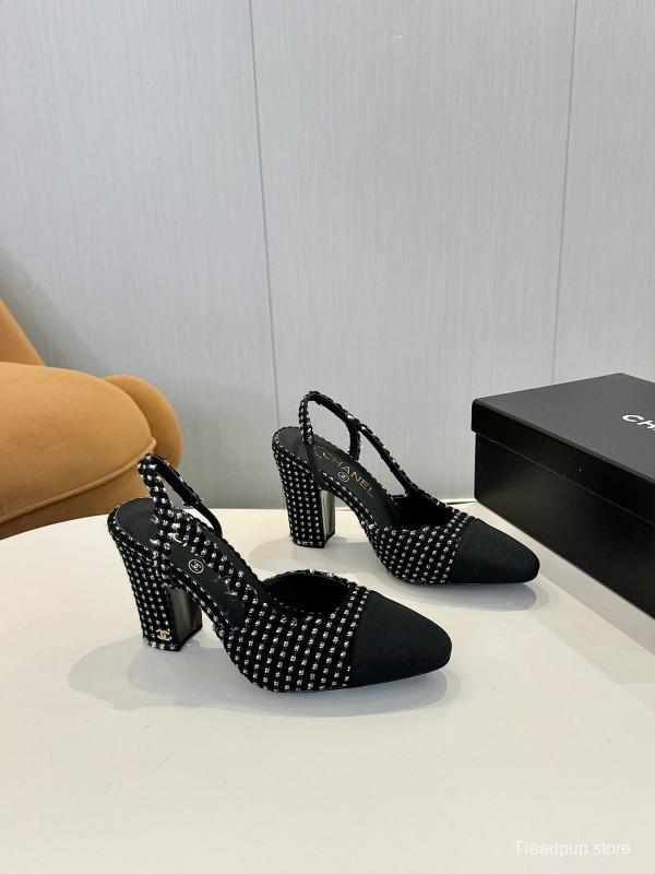 2025 Women Chanel Black White Tweed Leather Slingback Pumps