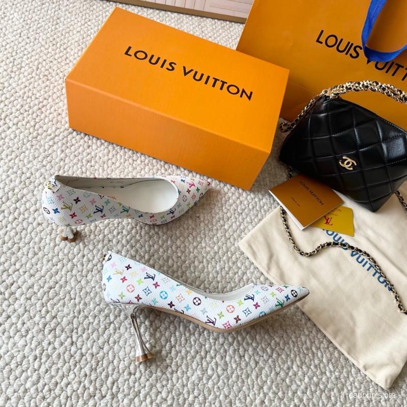 2025 Women Louis Vuitton White Multicolor Leather High Heel Shoes