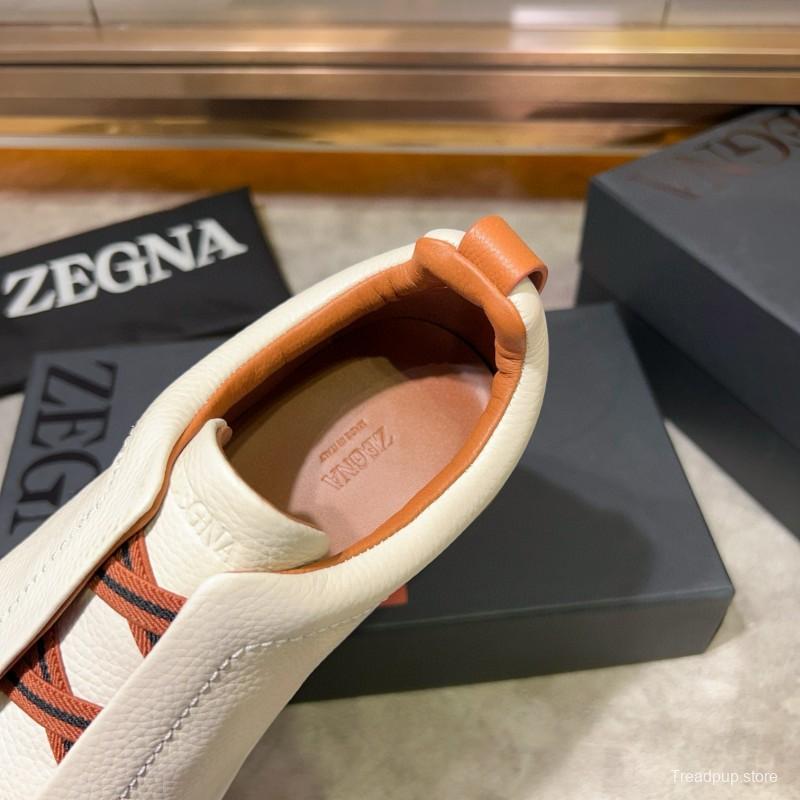 2024 Men Ermenegildo Zegna White Brown Calf Leather Pelletessuta Sneakers Elastic Detail MJ00280