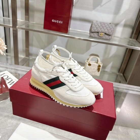 2025 Unisex Gucci White Black Red Fabric Sneakers Detachable Adjustable Ankle Strap LY00340