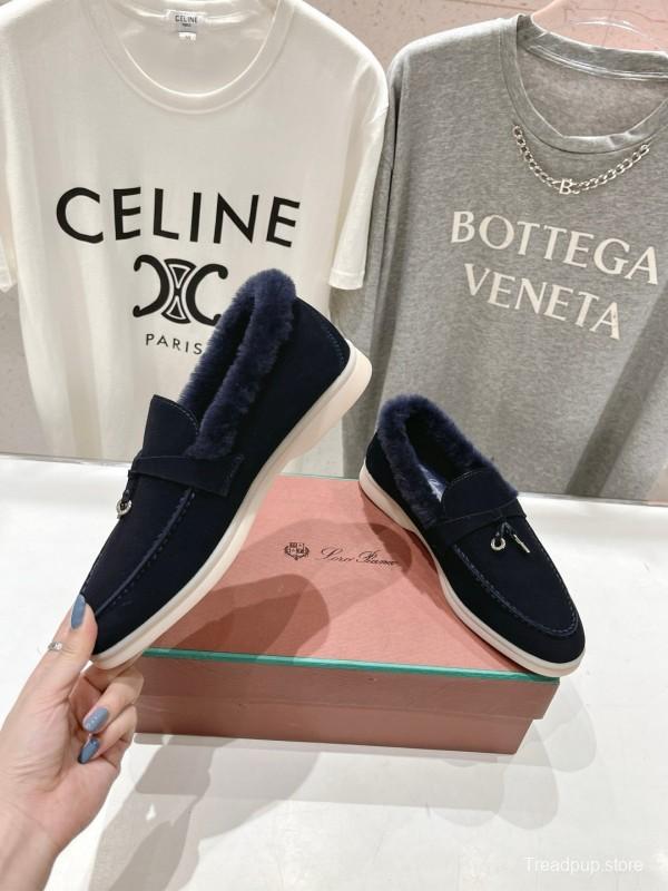 2024 Women LP Navy Suede Fur Loafers