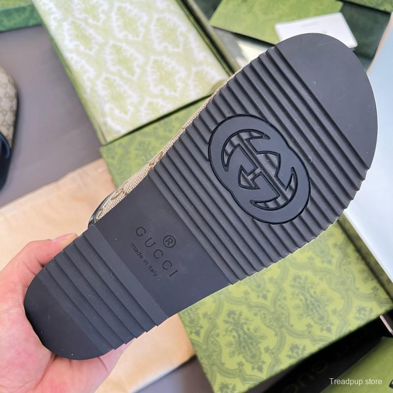 2024 Slippers Gucci Beige Brown Leather GG Pattern MJ00280