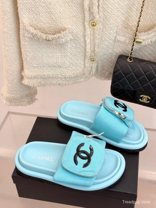 2025 Slippers Chanel Blue Fabric Slippers KFY00220