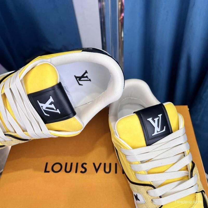 2025 Men Louis Vuitton Yellow Black Leather Suede Sneakers