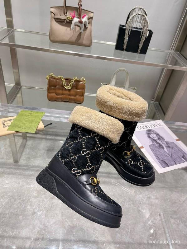 2024 Women Gucci Black Shearling Leather Snow Boots MJ00420