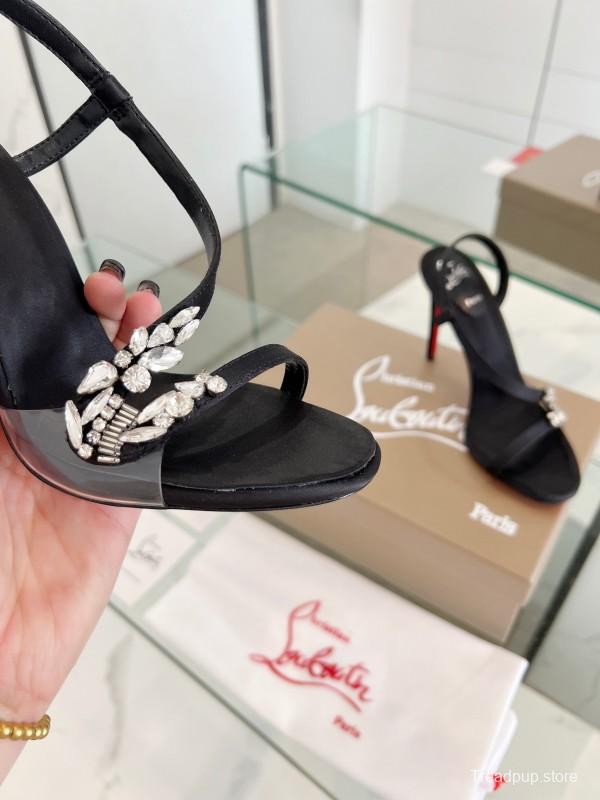 2025 Women ChristianLouboutin Black Satin High Heel Sandals Crystal Embellishment LY00300