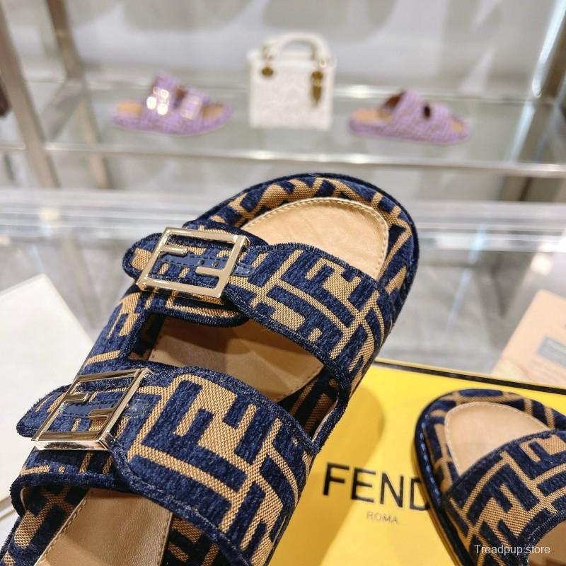 2025 Slippers Fendi Blue Brown Jacquard Buckle KFY00250