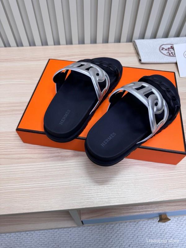 2025 Slippers Hermès Silver Black Leather Chain Decoration