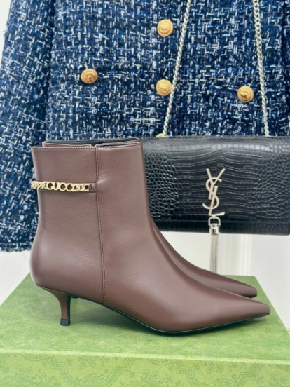2024 Women Gucci Brown Calfskin Ankle Boots Chain Detail MJ00410