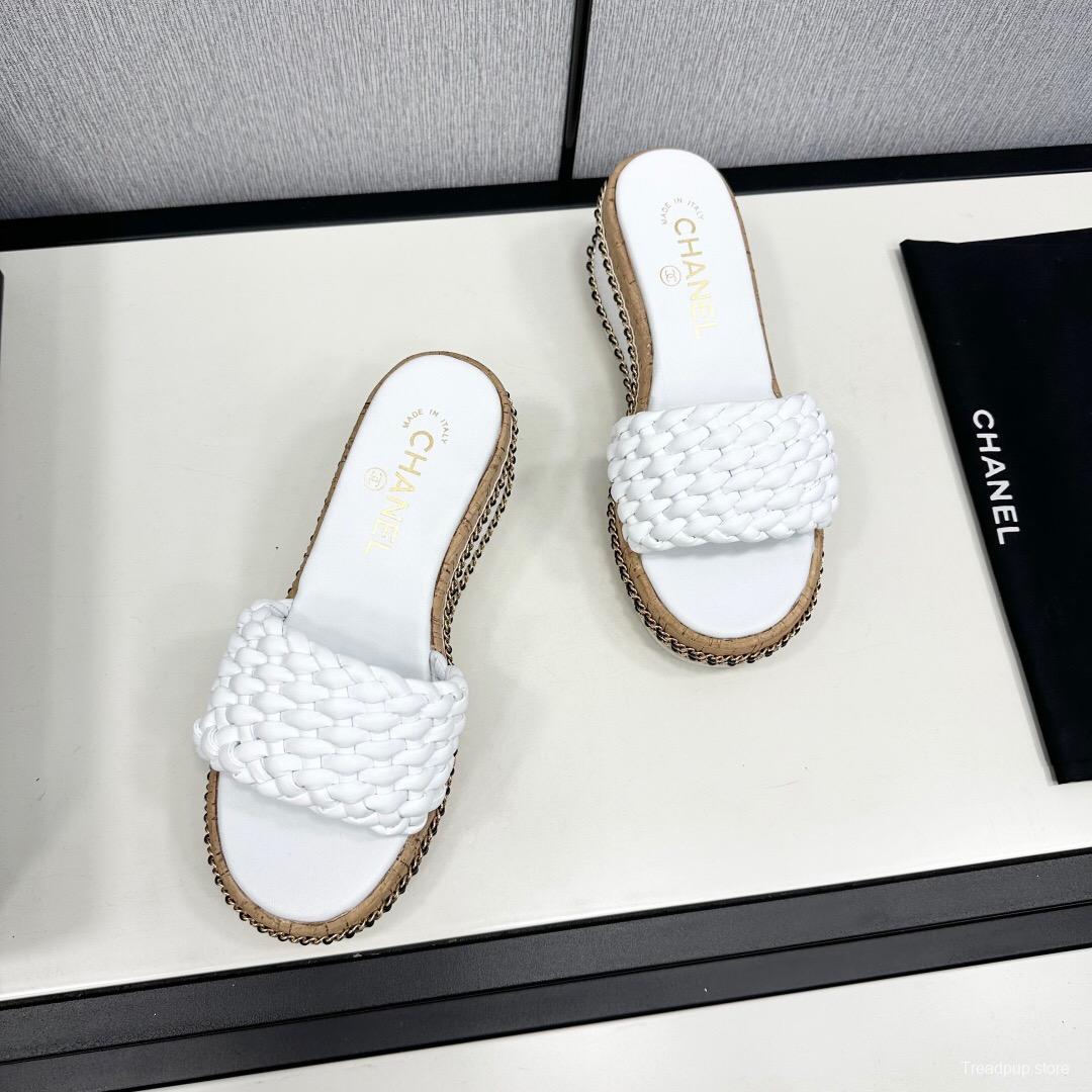 2025 Women Chanel White Leather Wedge Sandals