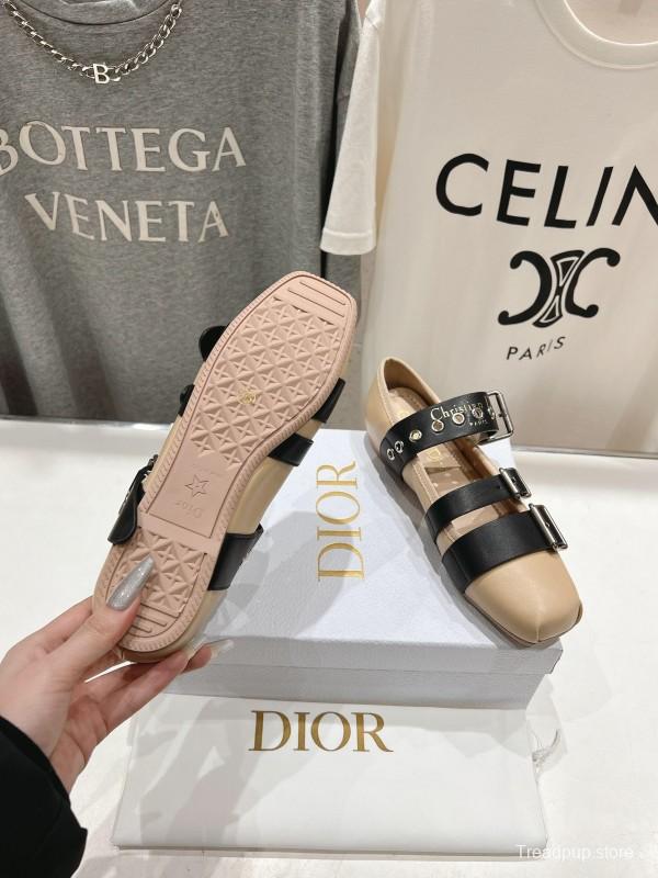 2025 Women Dior Beige Black Leather Mary Jane Buckle KFY00300
