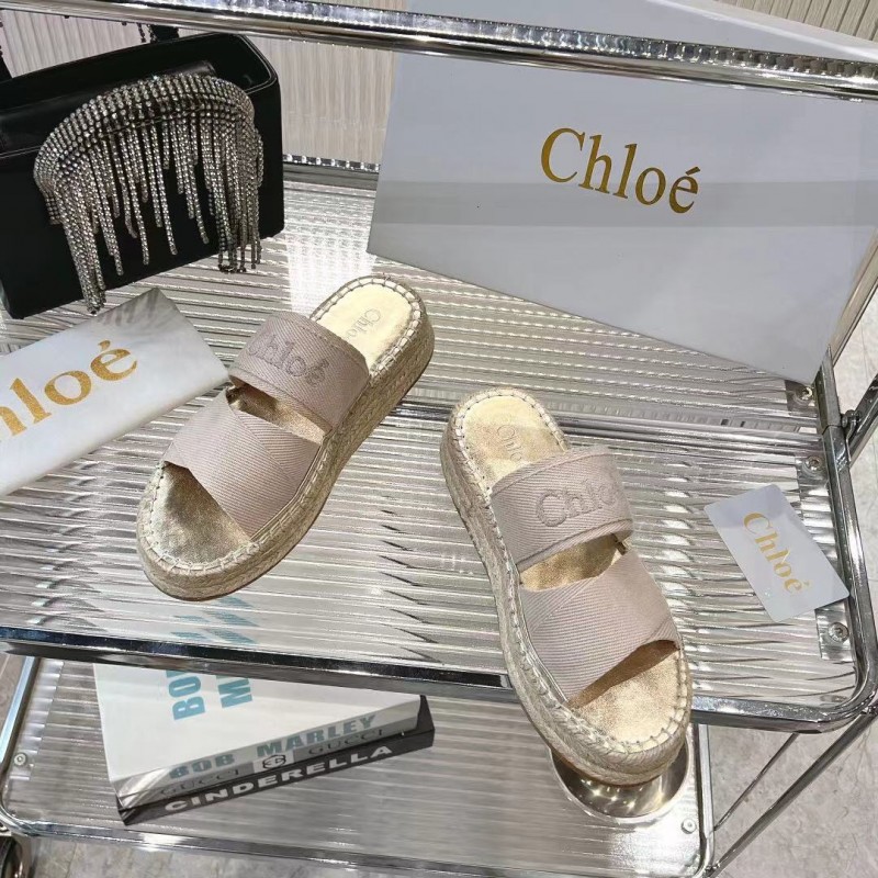 2025 Women Chloé Beige Fabric Espadrille Slip-On Sandals LY00320