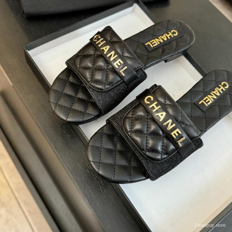 2025 Women Chanel Black Leather Slippers