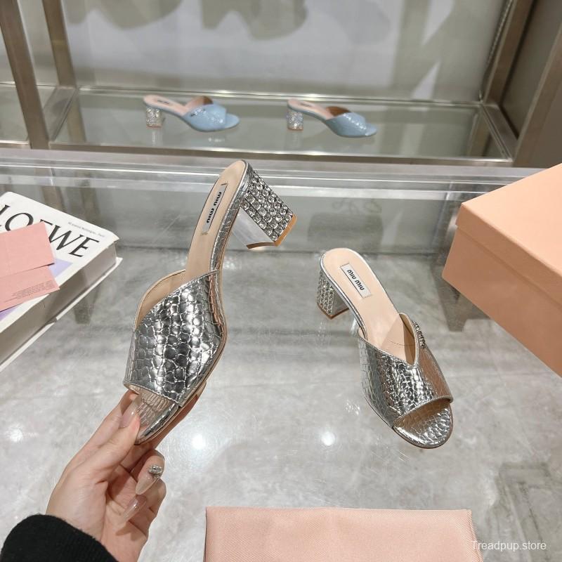 2025 Women Miu Miu Silver Leather Mules