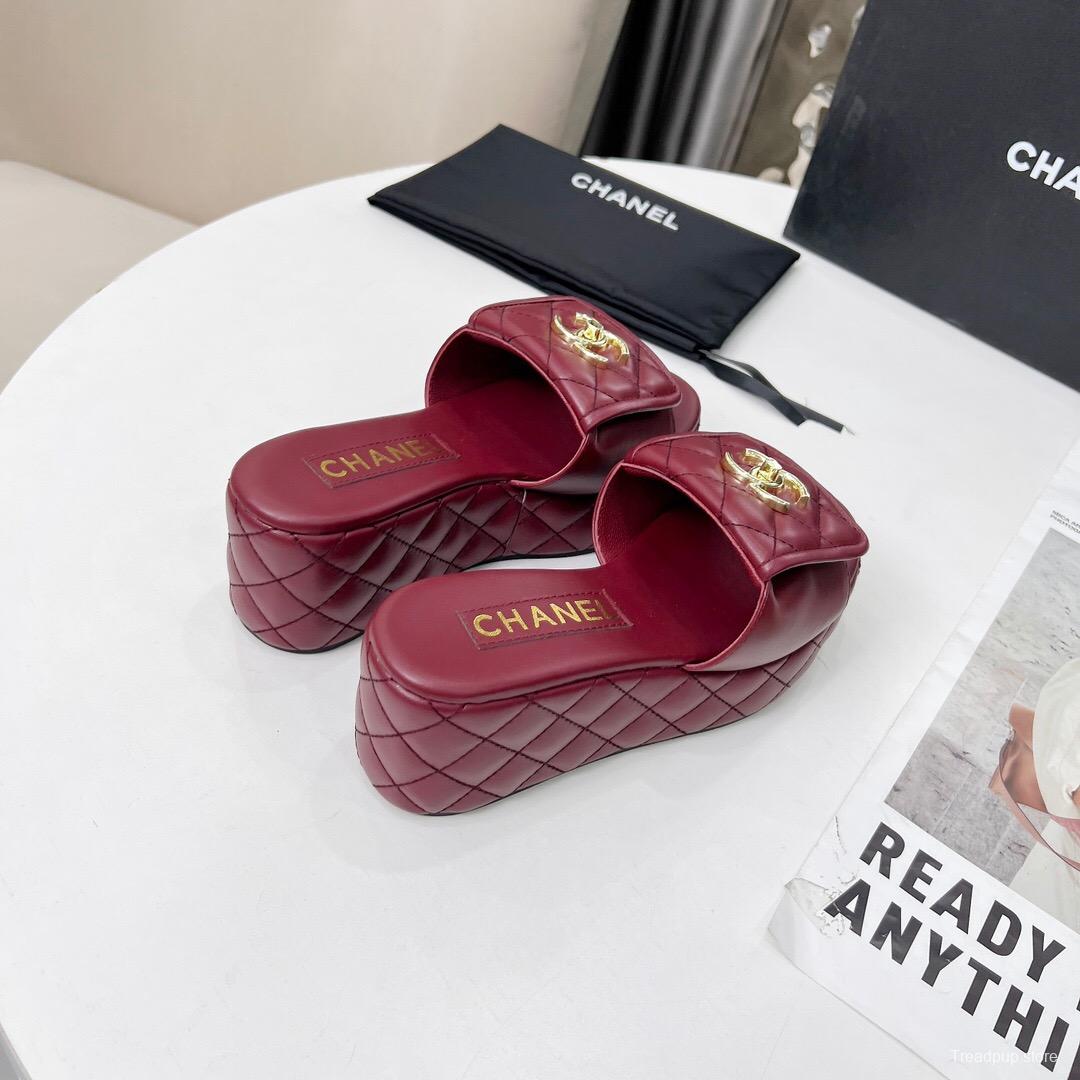 2025 Women Chanel Burgundy Leather Platform Sandals