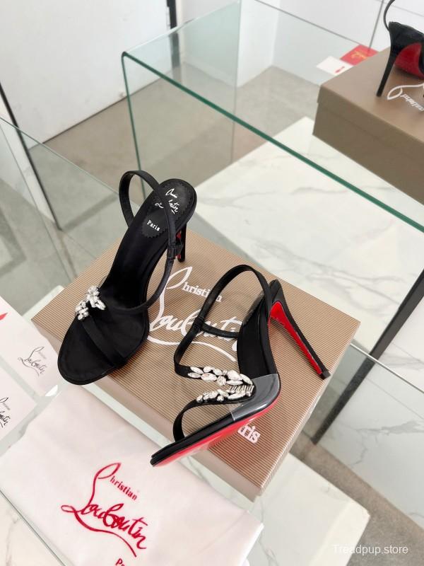 2025 Women ChristianLouboutin Black Satin High Heel Sandals Crystal Embellishment LY00300
