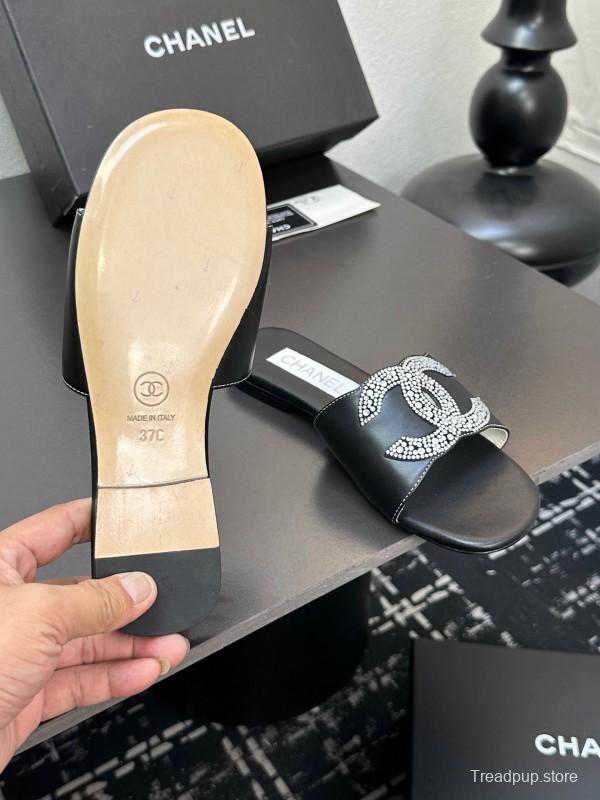 2025 Women Chanel Black Leather Rhinestone Logo Slide Sandals LY00360(F)