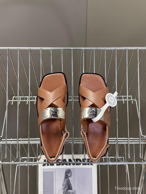 2025 Women Hermès Brown White Calfskin Leather Sandals Metal Hardware KFY00300