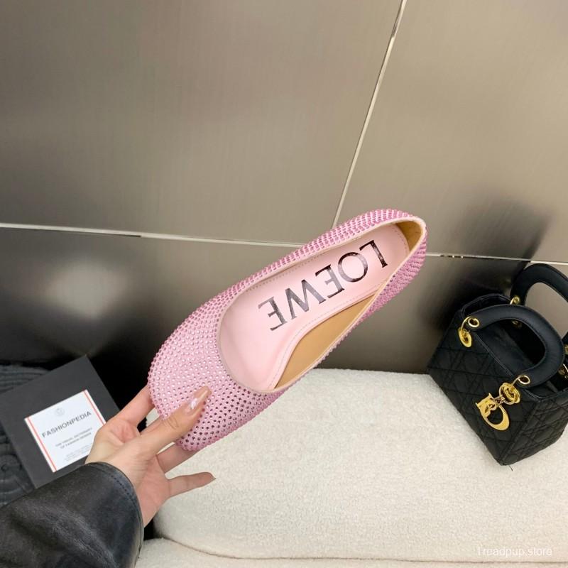 2025 Women Loewe Pink Lambskin Rhinestone Ballet Flats LY00291