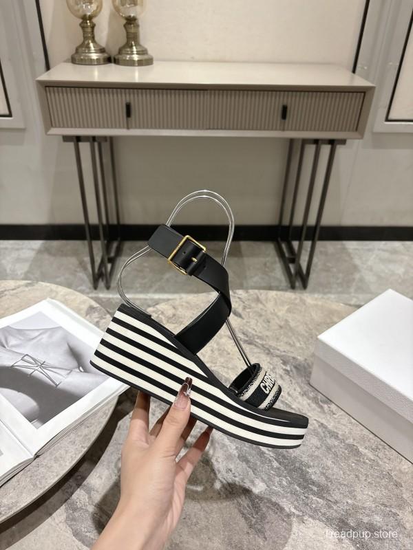 2025 Women Dior Black Leather Sandals Christian Dior Logo KFY00280