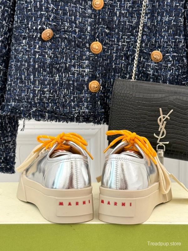 2025 Women Marni Silver Leather Thick Sole Retro Style Platform Sneakers LY00360(F)