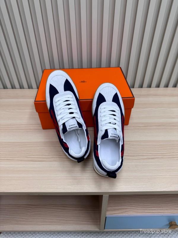 2025 Unisex Hermès White Navy Red Suede Down Fabric Sneakers KFY00300