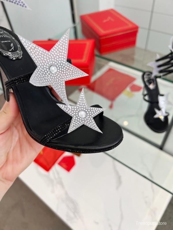 2025 Women RC Black Silk Crystal Star High Heel Sandals LY00340