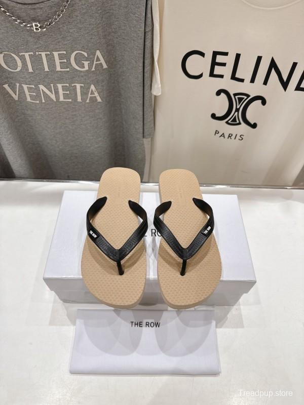 2025 Unisex The Row Beige And Black Leather Casual Flip-Flops Handmade KFY00160
