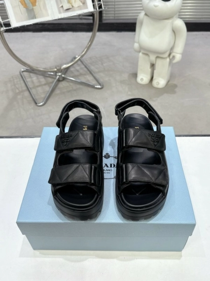 2025 Women Prada Black Leather Sandals