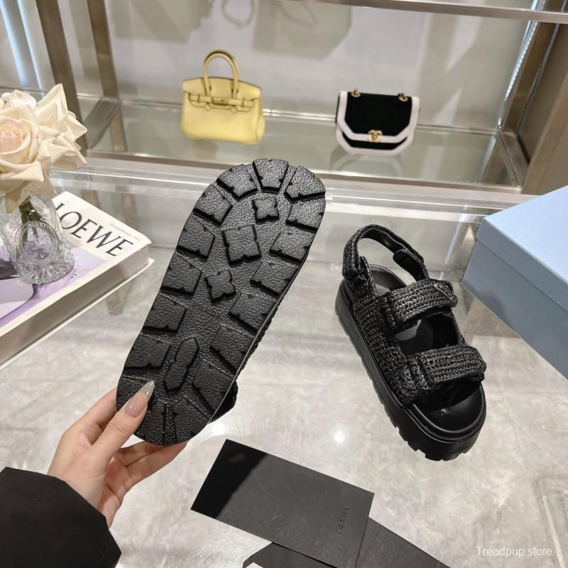 2025 Women Prada Black Woven Leather Sandals LY