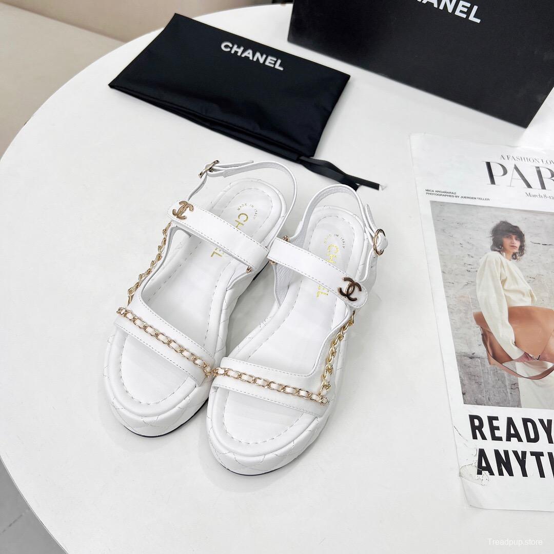 2025 Women Chanel White Leather Sandals Chain LY00260
