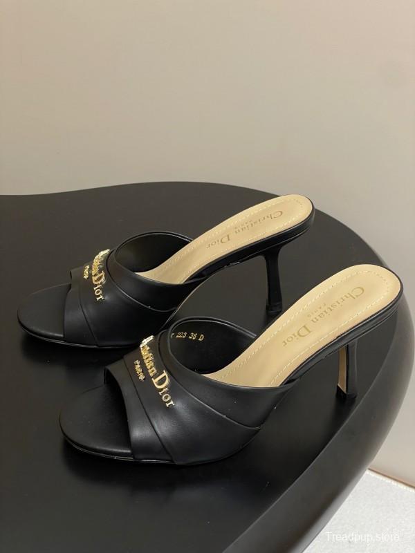 2025 Women Dior Black Leather High Heel Mules