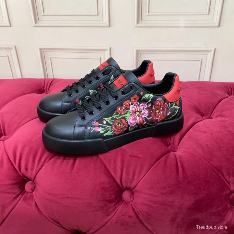 2025 Women Dolce & Gabbana Black Red Leather Sneakers Floral LY00300